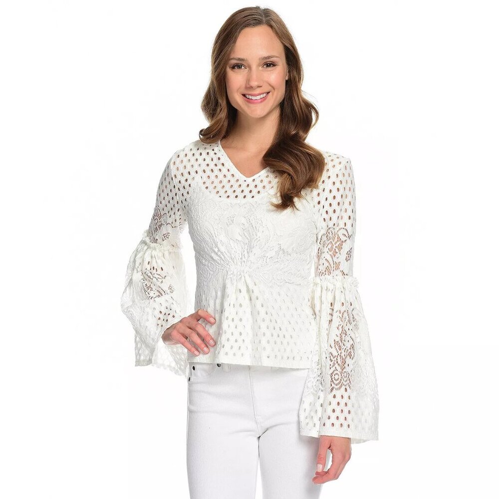 NWT Marc Bouwer Unlimited White‎ Lace Bell Sleeve Blouse – Women’s XS